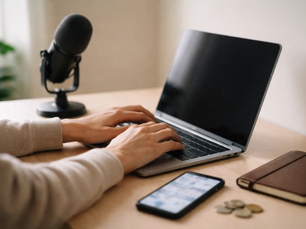 Anonymous hands typing at a studio desk with a laptop, microphone, smartphone, and coins nearby.