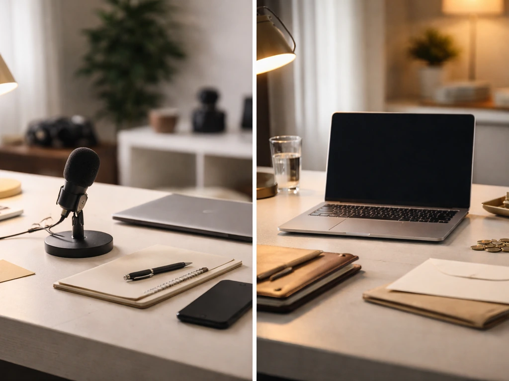 Minimal side-by-side creator and finance desk scenes suggesting media influence and wealth estimates