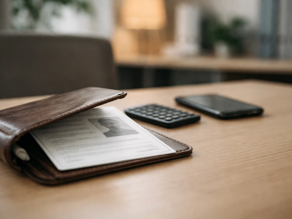 Minimal office scene with a blurred passport-style document and calculator, suggesting identity verification