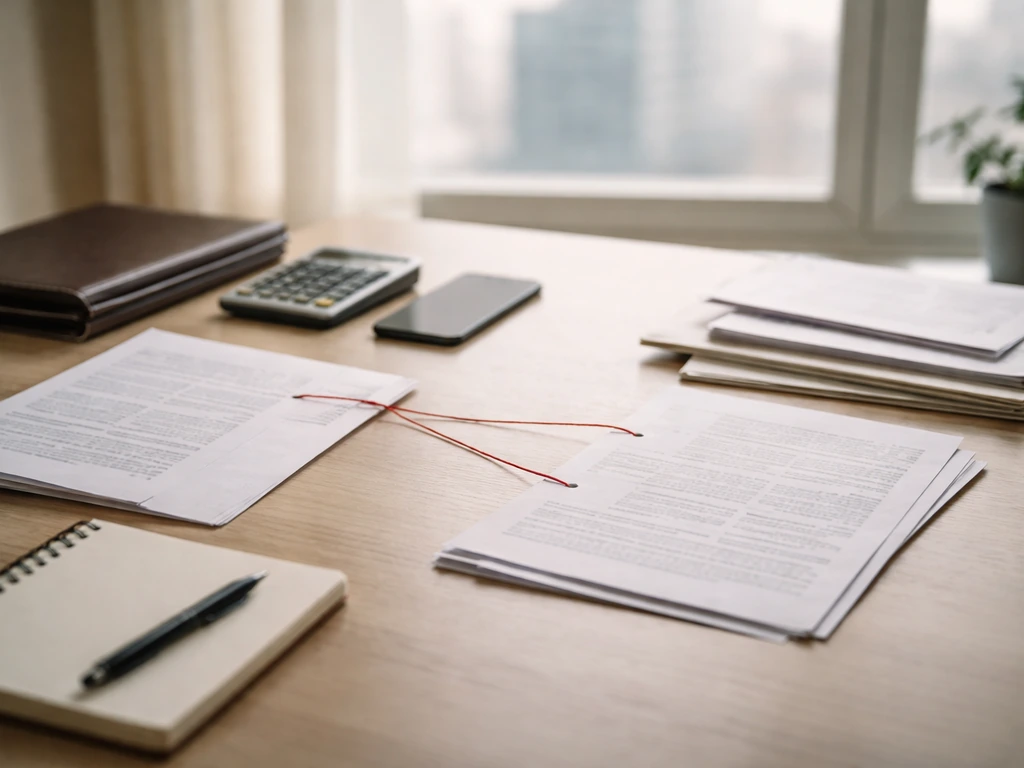 Minimal office desk with documents, calculator, and blank notebook, suggesting source reconciliation and currency conver