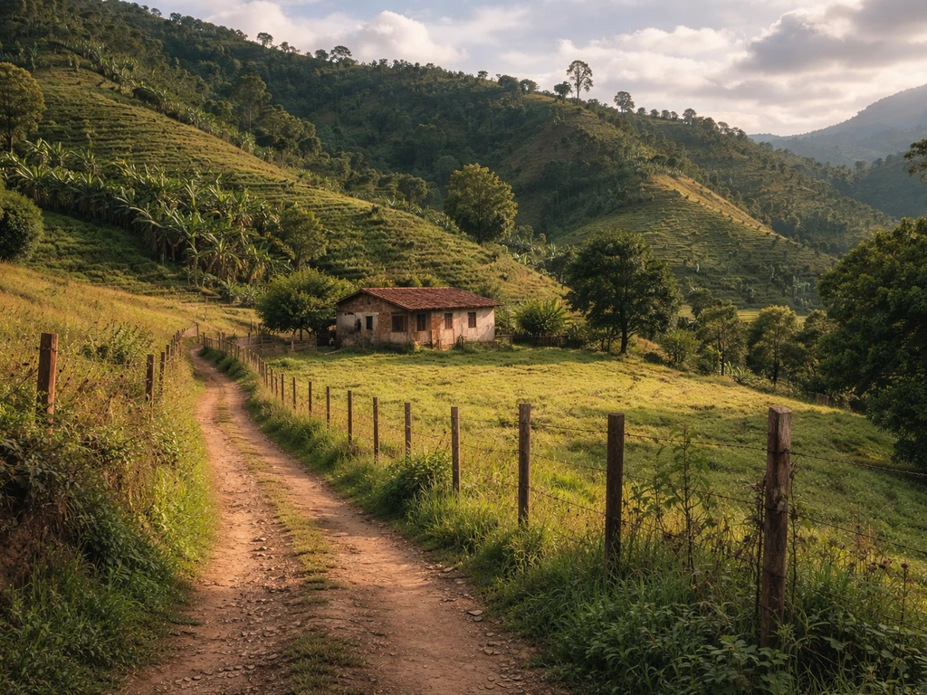Sunlit rural hillside with a simple dirt road and fenced property, evoking family land holdings in Colombia.