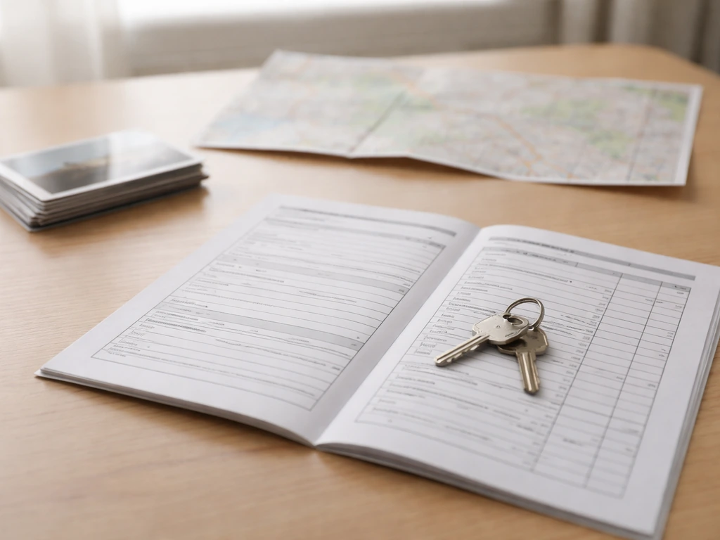 Open appraisal report and real-estate keys beside an unlabeled map, suggesting uncertain market value