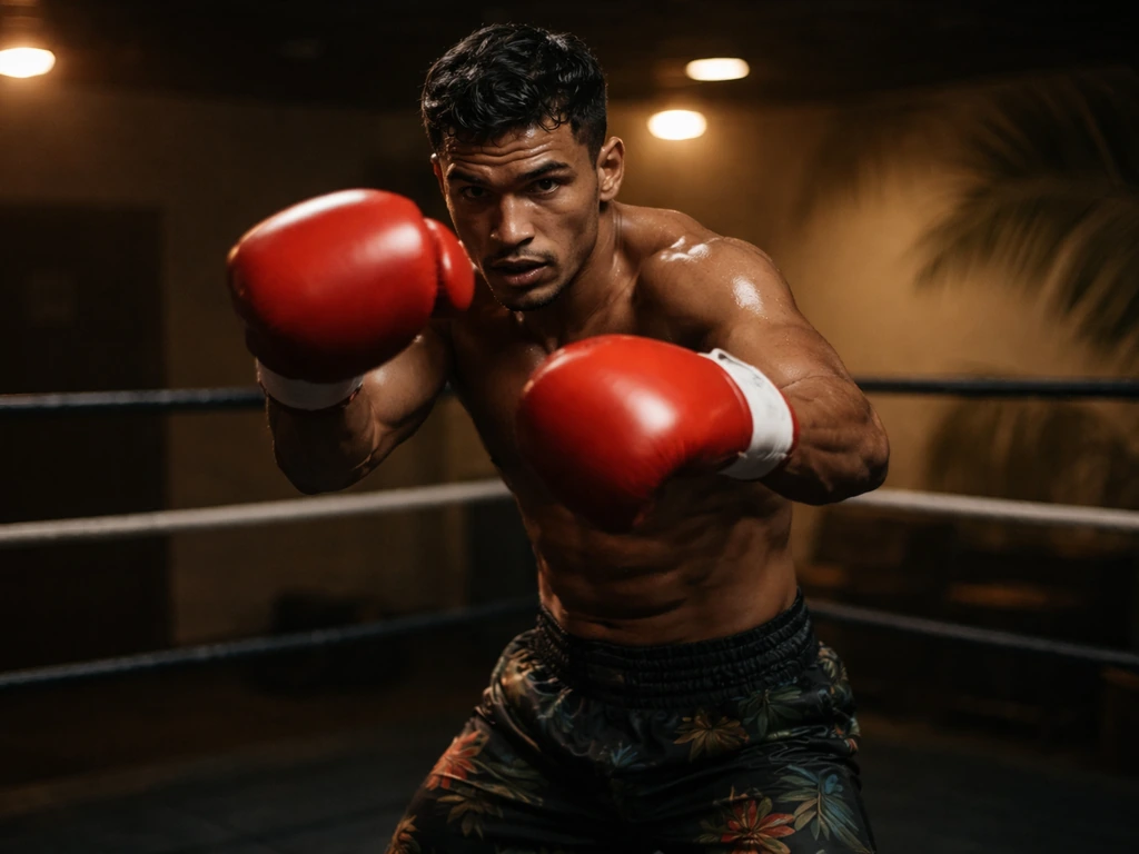 Brian Viloria boxer in action wearing red gloves in a Hawaii-themed ring setting, captured mid-fight.