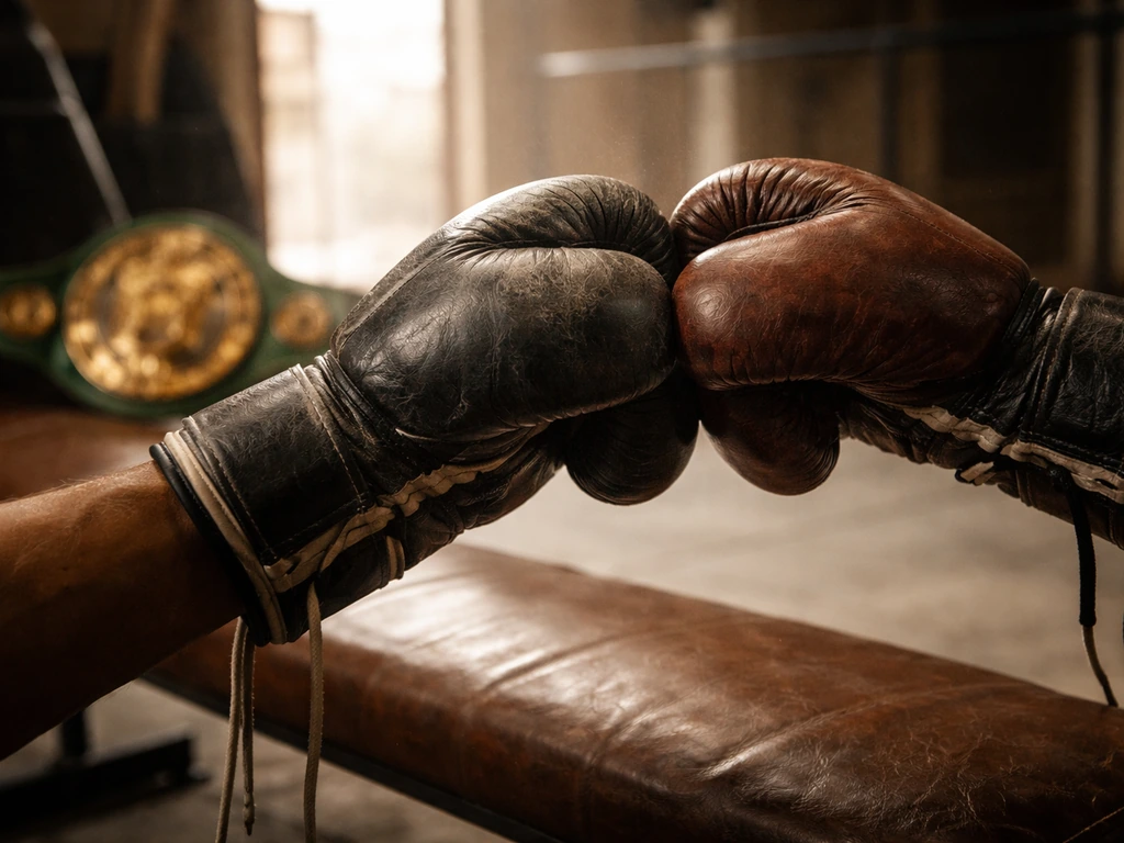 Boxing glove-to-glove moment with a championship belt on a gym bench, symbolizing title fight earnings