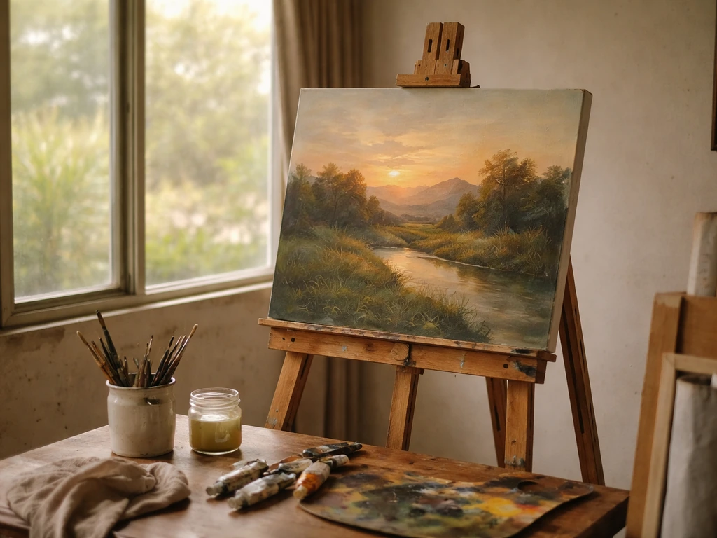 Sunlit painting studio corner with easel, landscape artwork, and scattered paint tools symbolizing an artist’s career