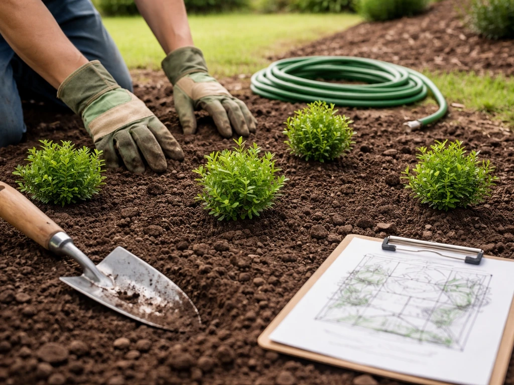 Gloved hands preparing a garden bed with tools and a sketch plan on a clipboard.