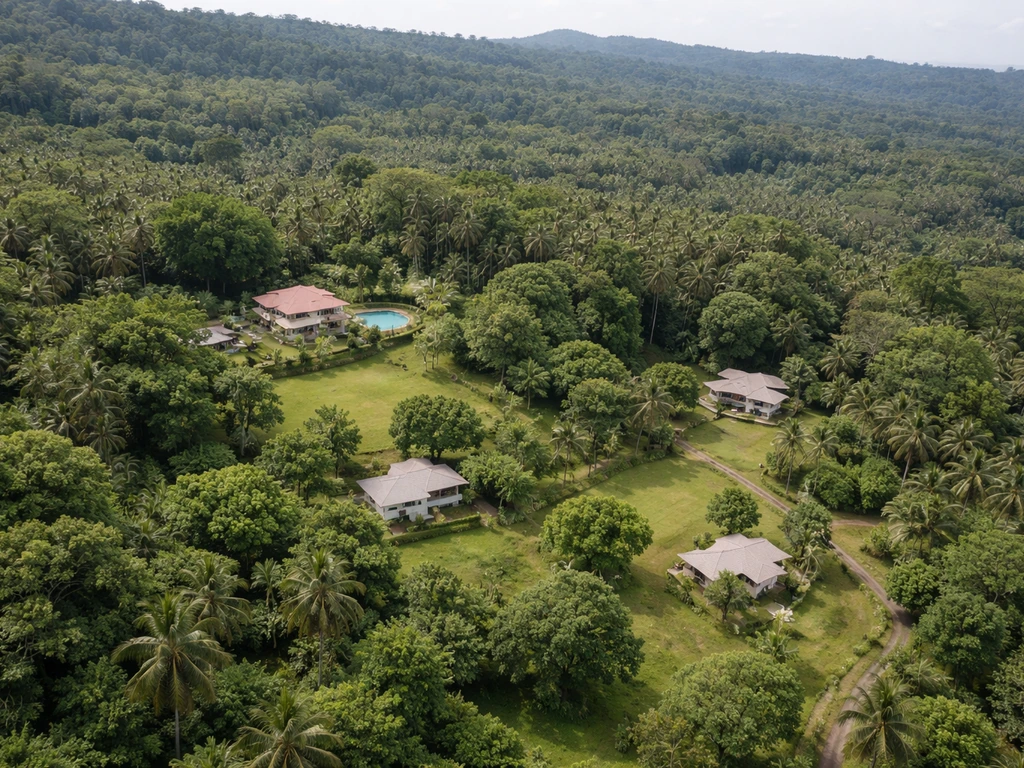 Aerial view of a large green estate in Nagcarlan, Laguna, with wide grounds and scattered houses amid trees.