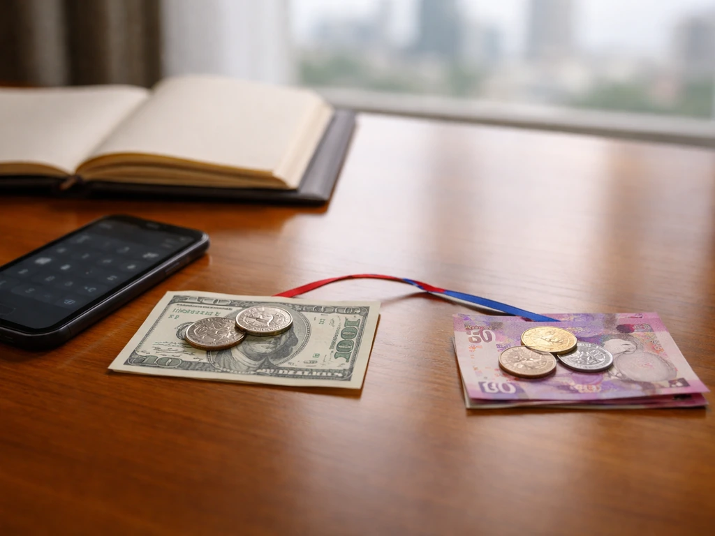 Minimal office desk with currency notes and a blurred phone symbolizing USD-to-PHP conversion, no text.