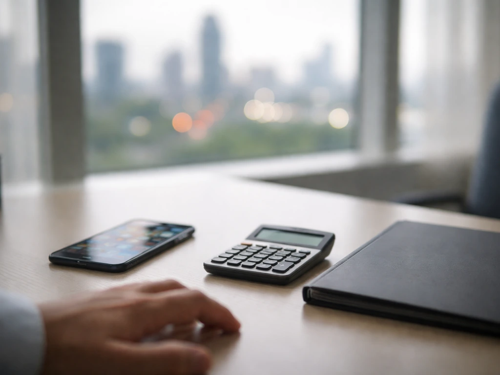 Minimal desk scene with a calculator, smartphone, and blurred finance-style reflections suggesting stake valuation