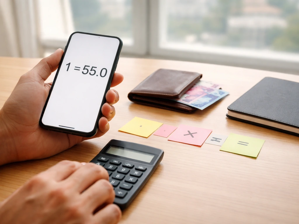 Hands using a calculator beside a wallet and smartphone showing an exchange-rate number block for USD to PHP conversion.
