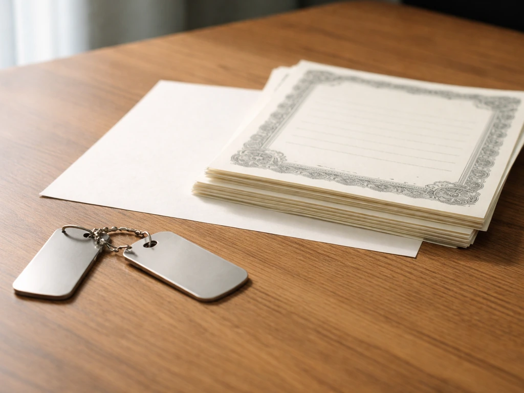 Minimal photo of a desk with two linked key tags and a stack of share certificates in soft light.