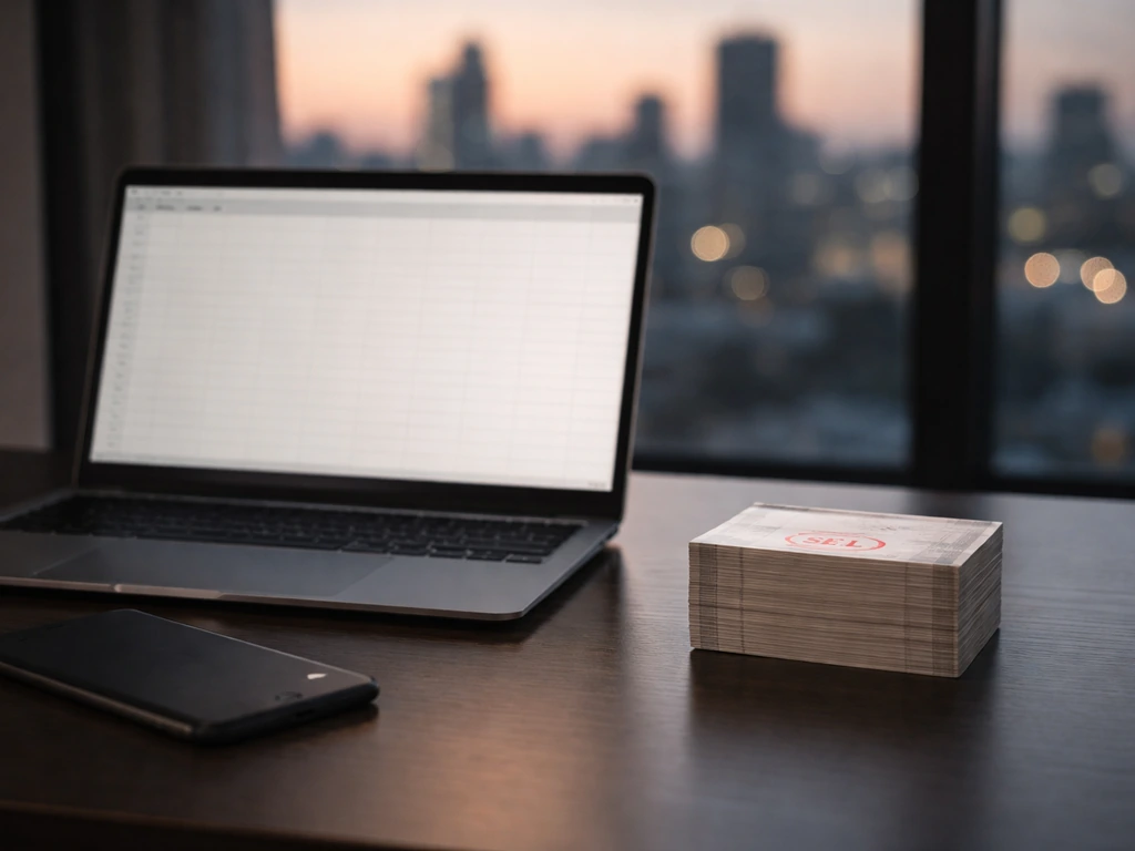 Minimal desk scene with share-like paper blocks and a laptop, suggesting insider stock sales.