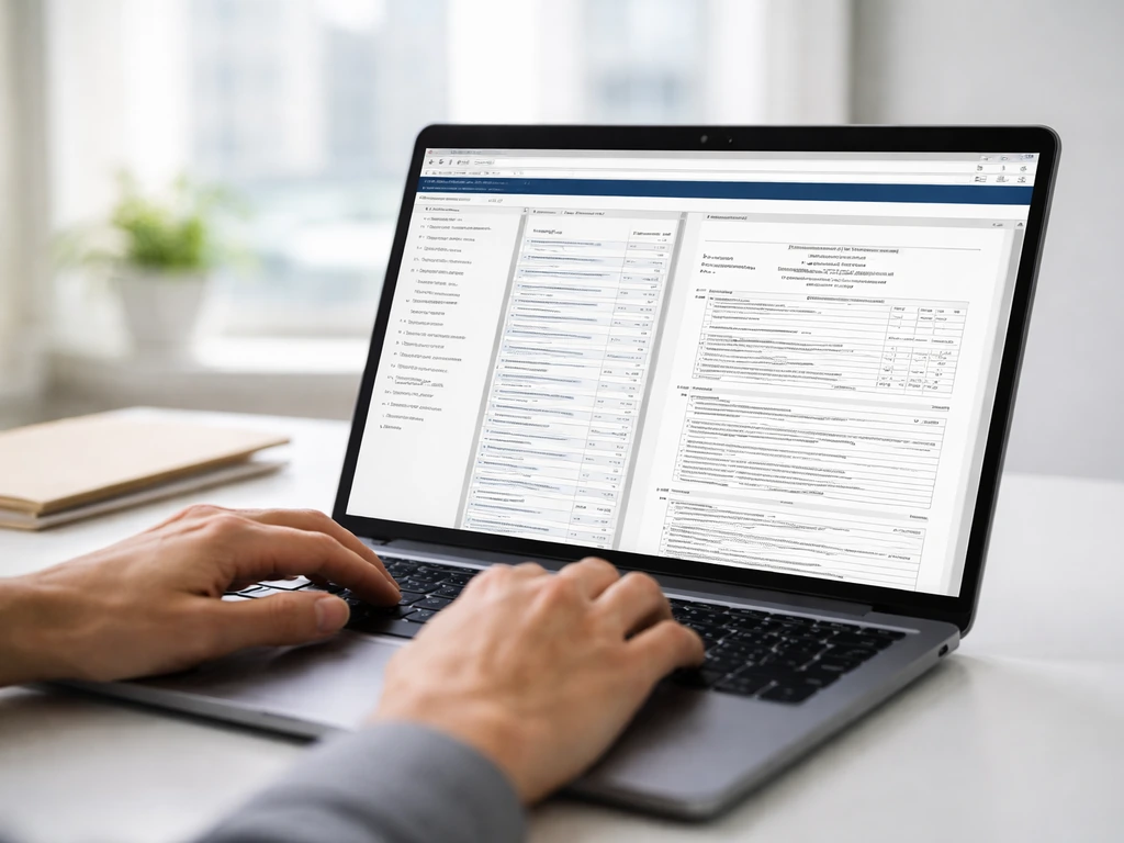Hands typing on a laptop showing a generic SEC filing preview for verifying financial/ownership info