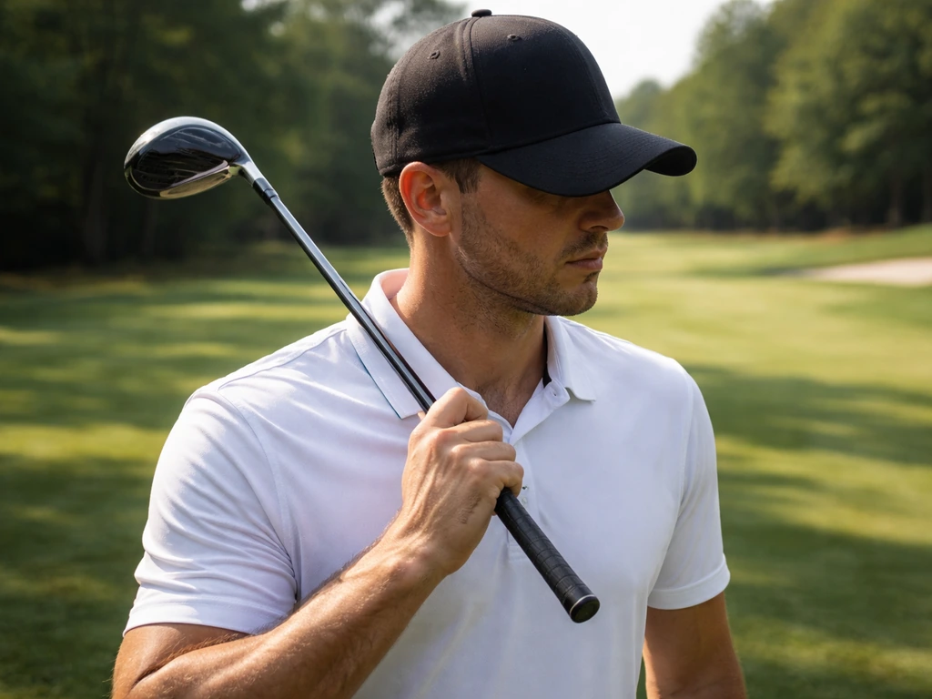 Close-up of a professional golfer in a cap on a quiet golf course, focused and identifiable by the sport setting.