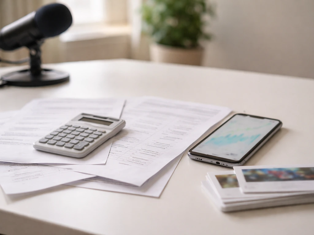 Minimal desk scene with printed earnings-style documents and a smartphone showing generic finance imagery