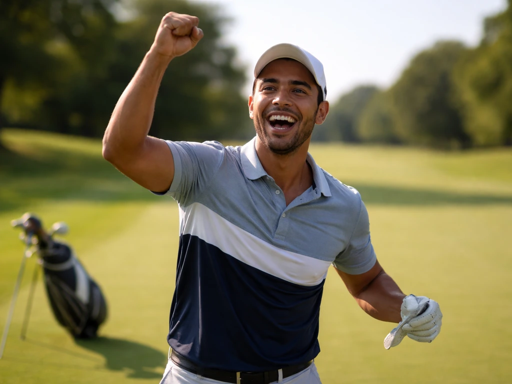 Golfer celebrating on a sunny course with a caddie bag in the background