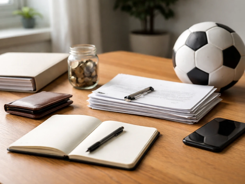 Minimal office desk with wallet, documents, coins, phone, and a football hinting at net worth inputs