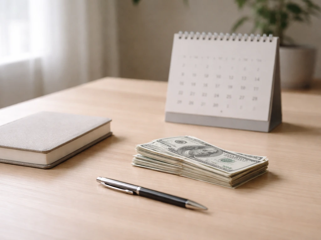 Minimal office desk scene with subtle currency and a calendar, symbolizing a net worth changing over time.