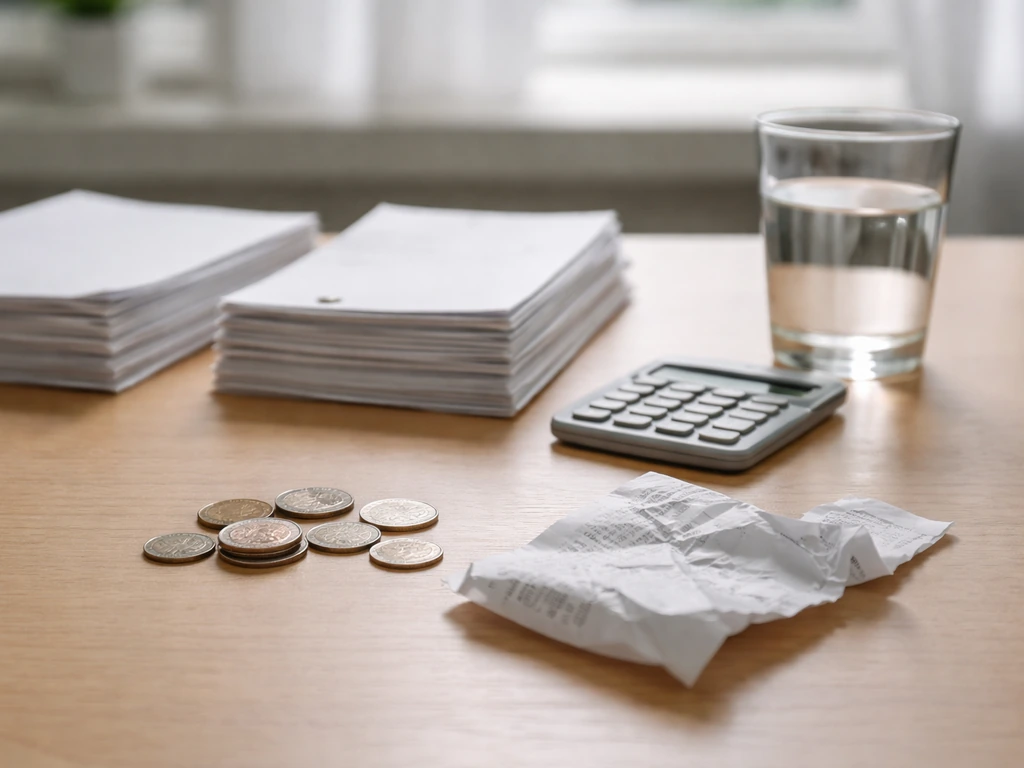 Minimal office desk scene with unlabeled documents, coins, and calculator implying gross vs net figures.