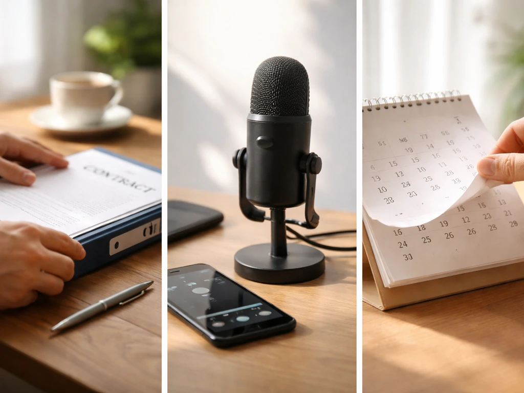 Triptych of a desk contract moment, studio microphone with media phone, and calendar page flip implying updated estimate