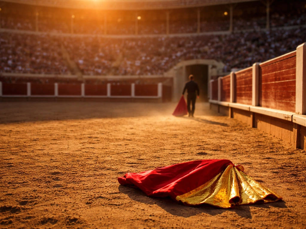 Sunlit bullring with a red-and-gold cape and a distant, non-identifiable bullfighter silhouette.