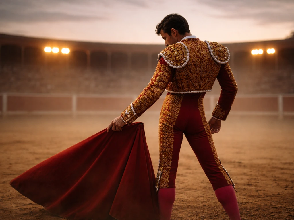 Anonymous matador in red-gold suit holding a cape inside a bullring at dusk