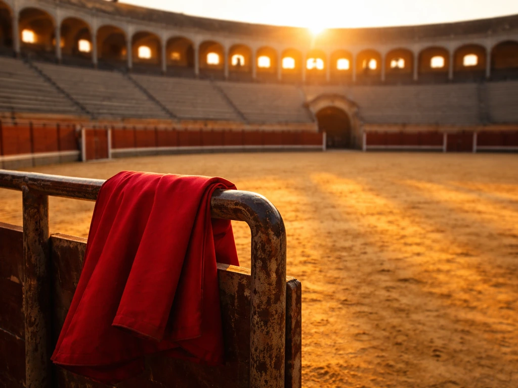 Empty bullring arena at golden hour with a lone matador cape draped on a fence, no people.