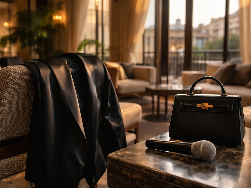 Elegant fashion items and a small microphone in an upscale media lounge with warm sunlight.
