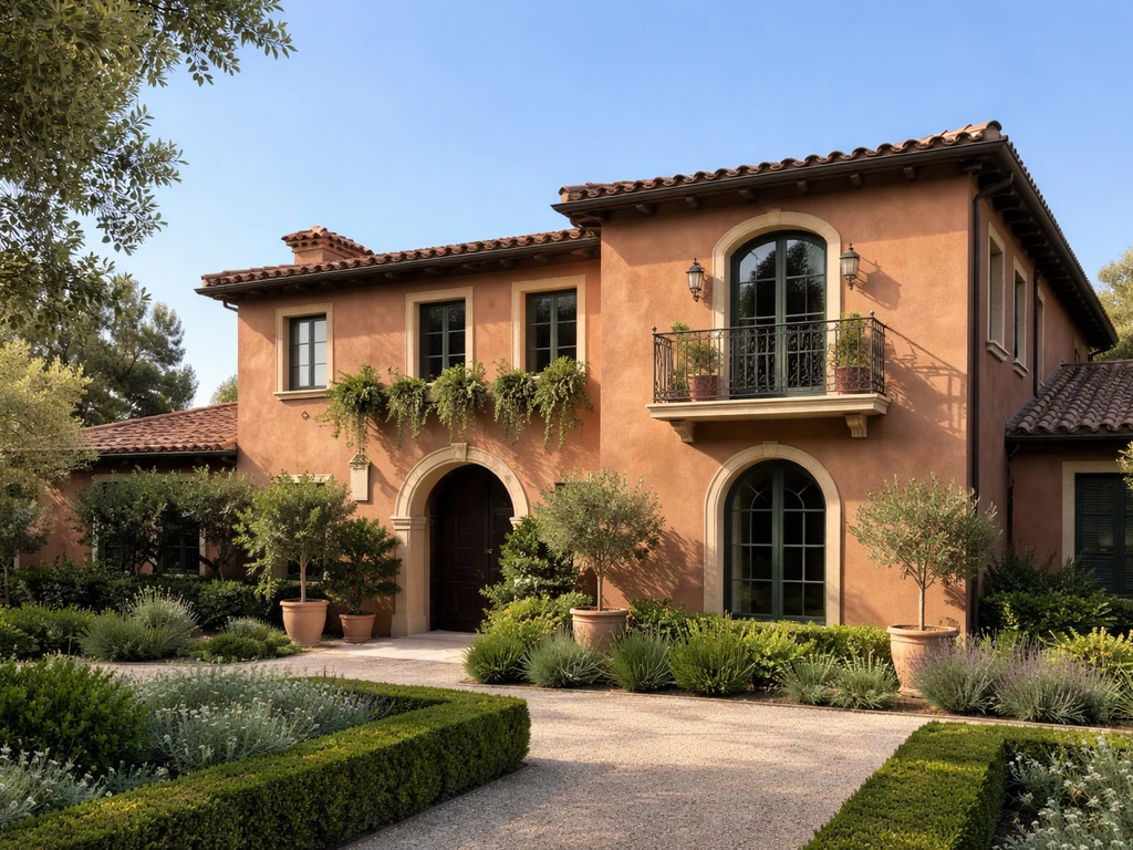 Upscale Spanish villa exterior with terracotta walls and garden, signaling affluence without any people.