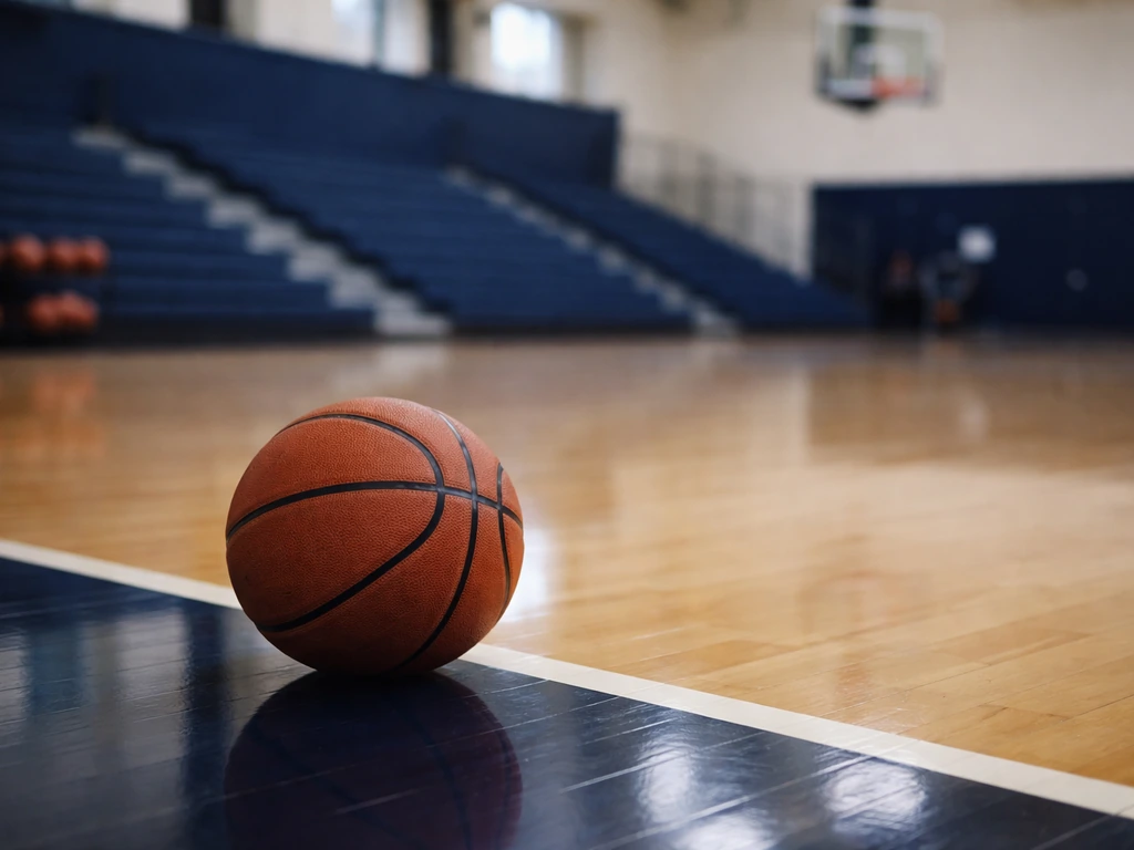 A basketball on a polished UConn-style gym floor with blurred empty bleachers in the background.