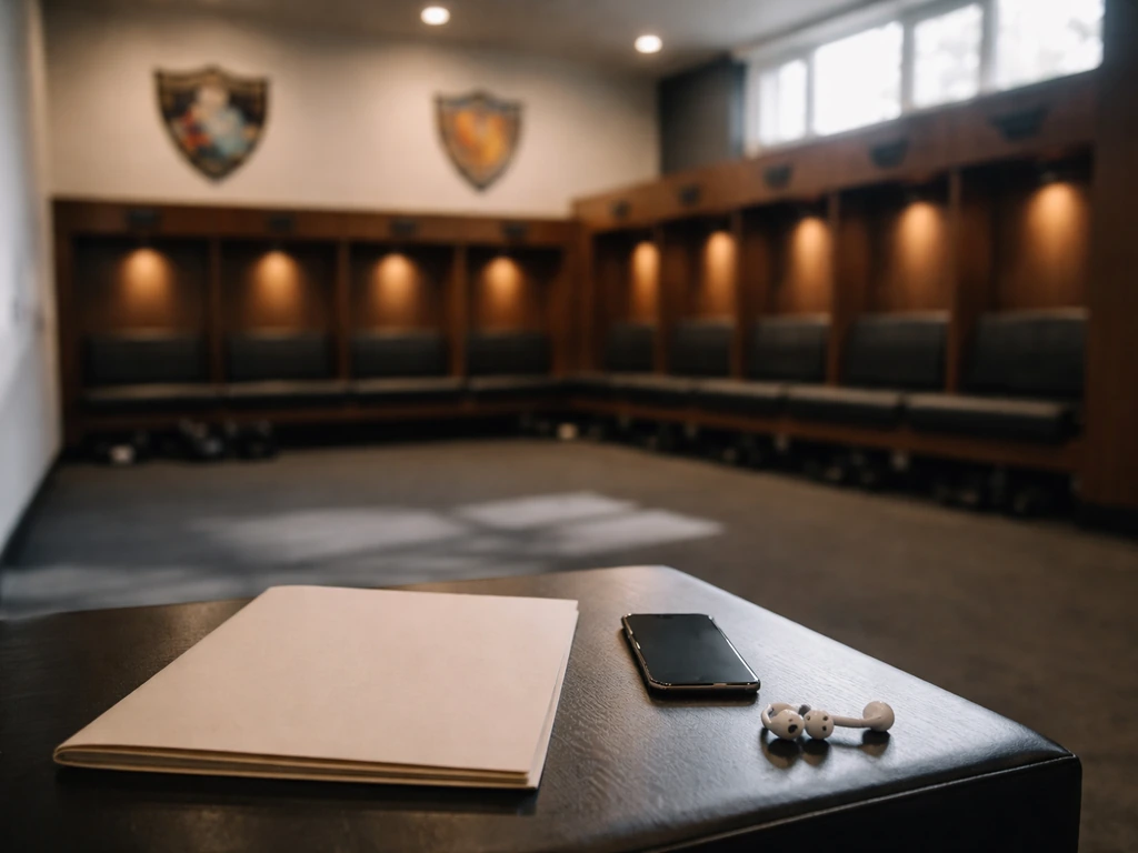Empty locker-room scene with a blank contract folder and generic sports crests, suggesting early-career earnings.