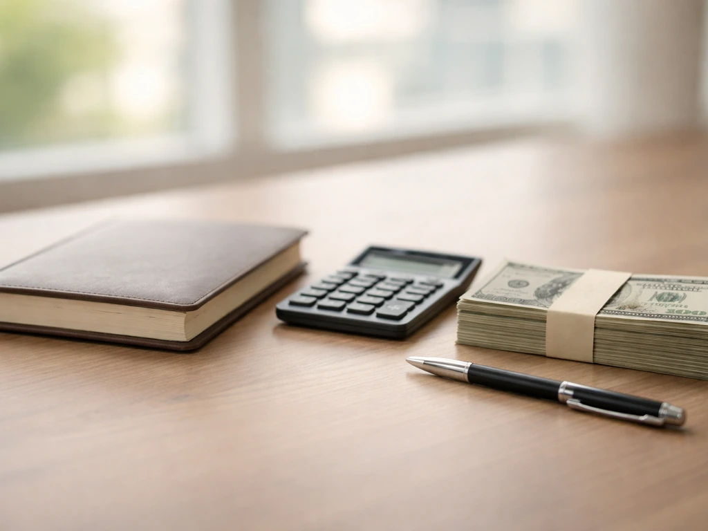 Minimal photo of a finance notebook, calculator, and cash on a desk suggesting gross vs net earnings.