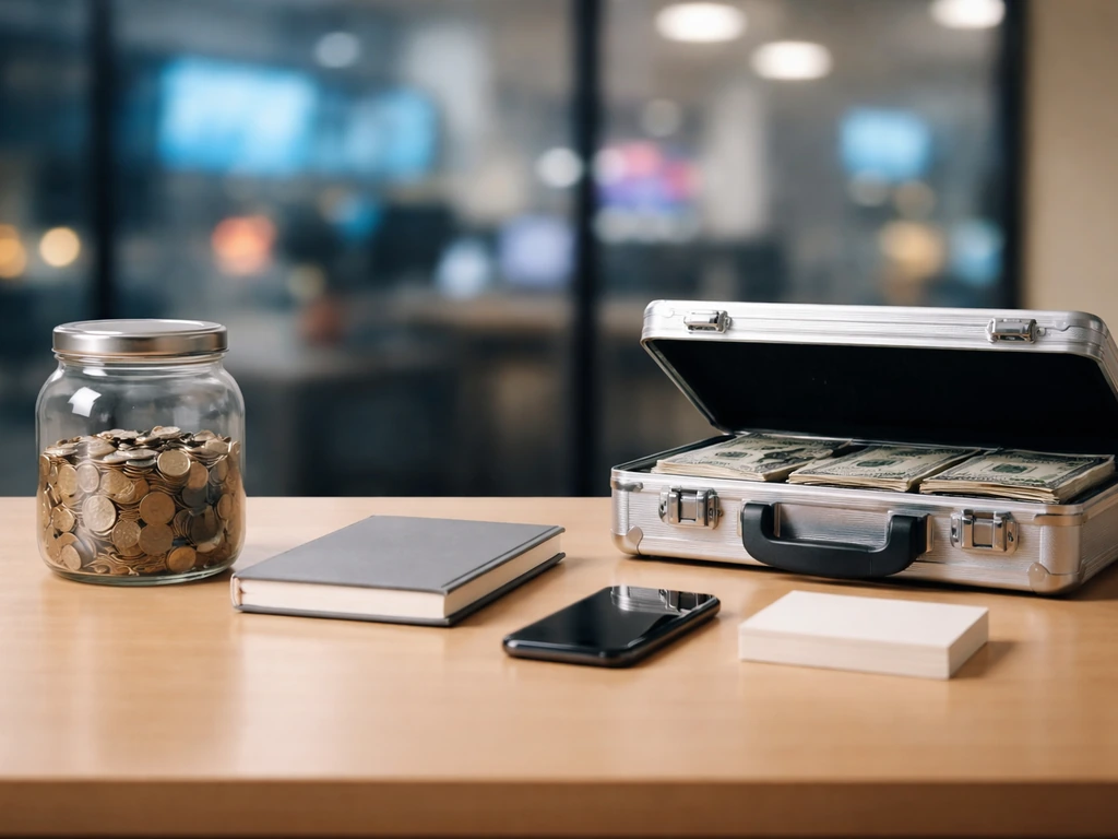 Desk scene with a glass coin bank and metallic briefcase symbolizing two types of company valuation.
