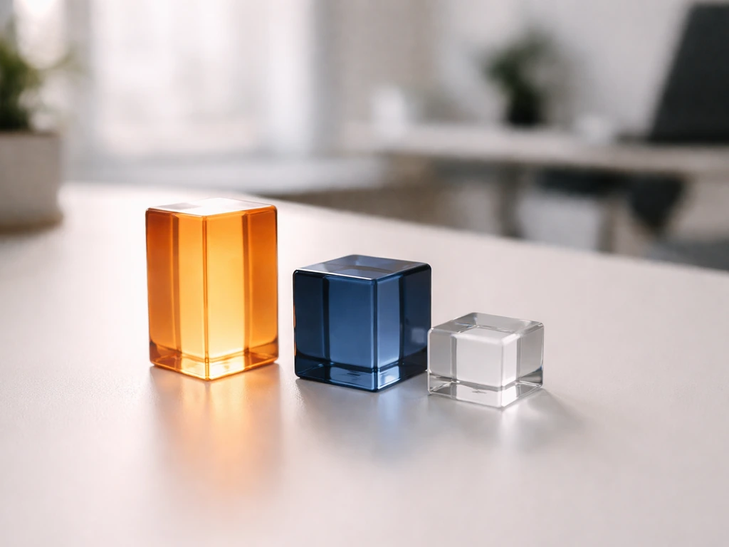 Minimal desk scene with three unlabelled glass tokens representing advertising, streaming, and other revenue.