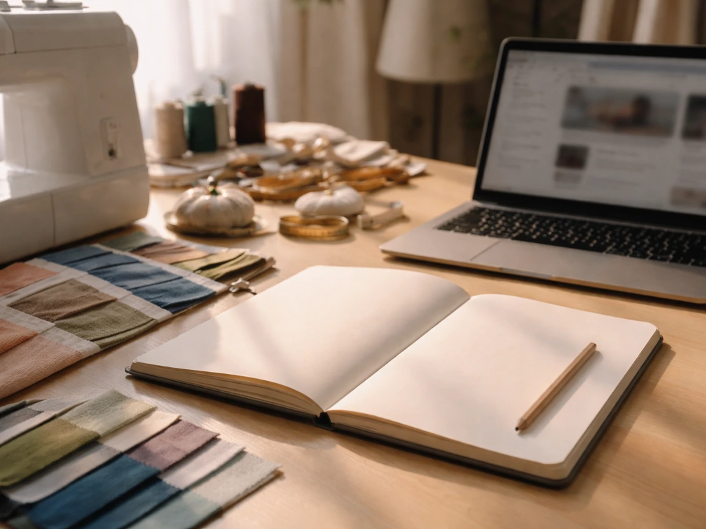 Fashion designer sketchbook and sewing supplies beside a laptop in a bright studio, symbolizing media and income