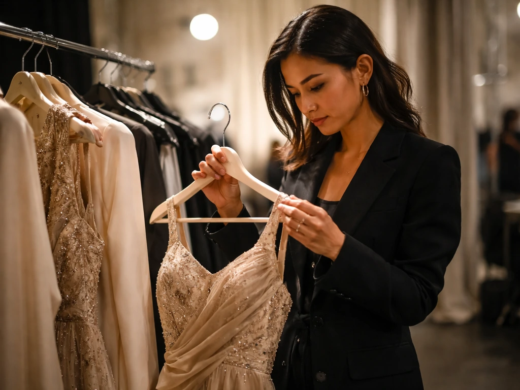 A fashion designer holding a garment backstage under soft lights, suggesting a Project Runway win in NYC