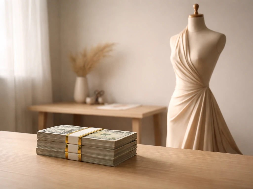 Winner’s cash prize concept: $200,000 cash bundle on desk beside a small evening gown form for post-win momentum.