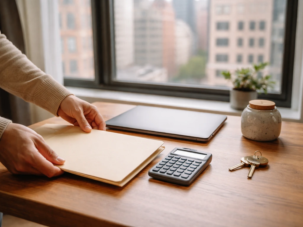 Hands place calculator on a Midtown desk with a blurred NYC window, symbolizing rent and business costs.