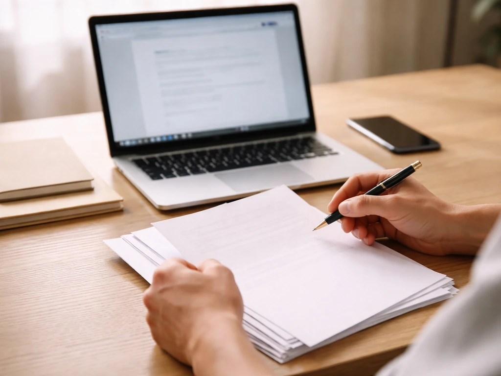 Minimal photo of a person reviewing business documents beside a laptop and smartphone for online verification.