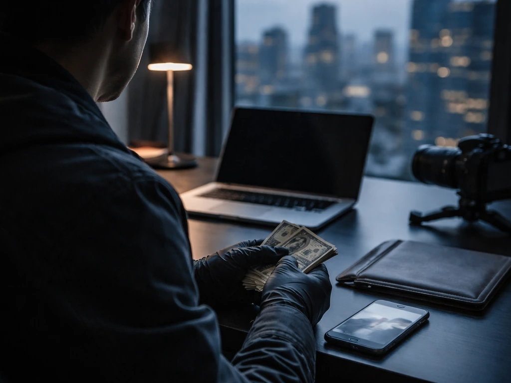Anonymous investigator at a desk with blurred news on a phone and cash symbolism under natural light.