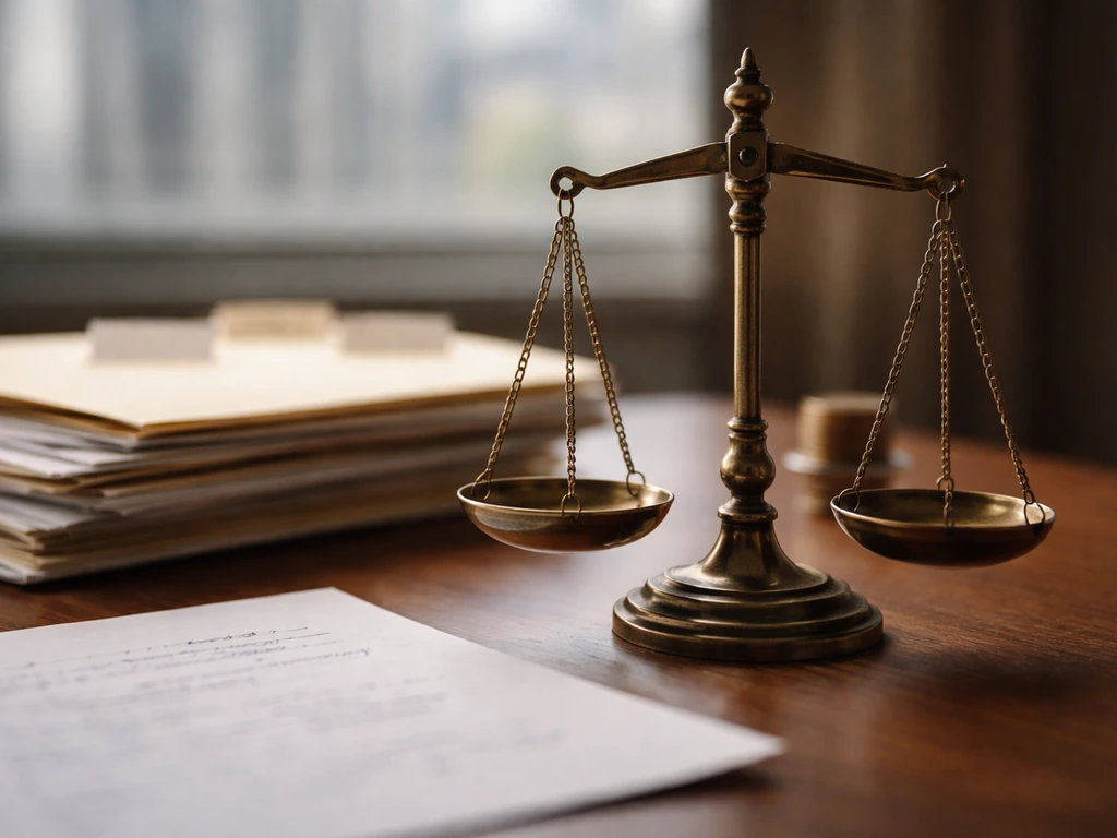 Metal balance scales beside blank paper folders and coins on a desk, symbolizing illicit wealth estimation.