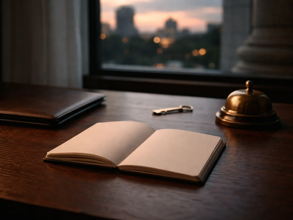 Minimal desk scene with notebook, leather folder, key, and blurred city skyline suggesting financial milestones.