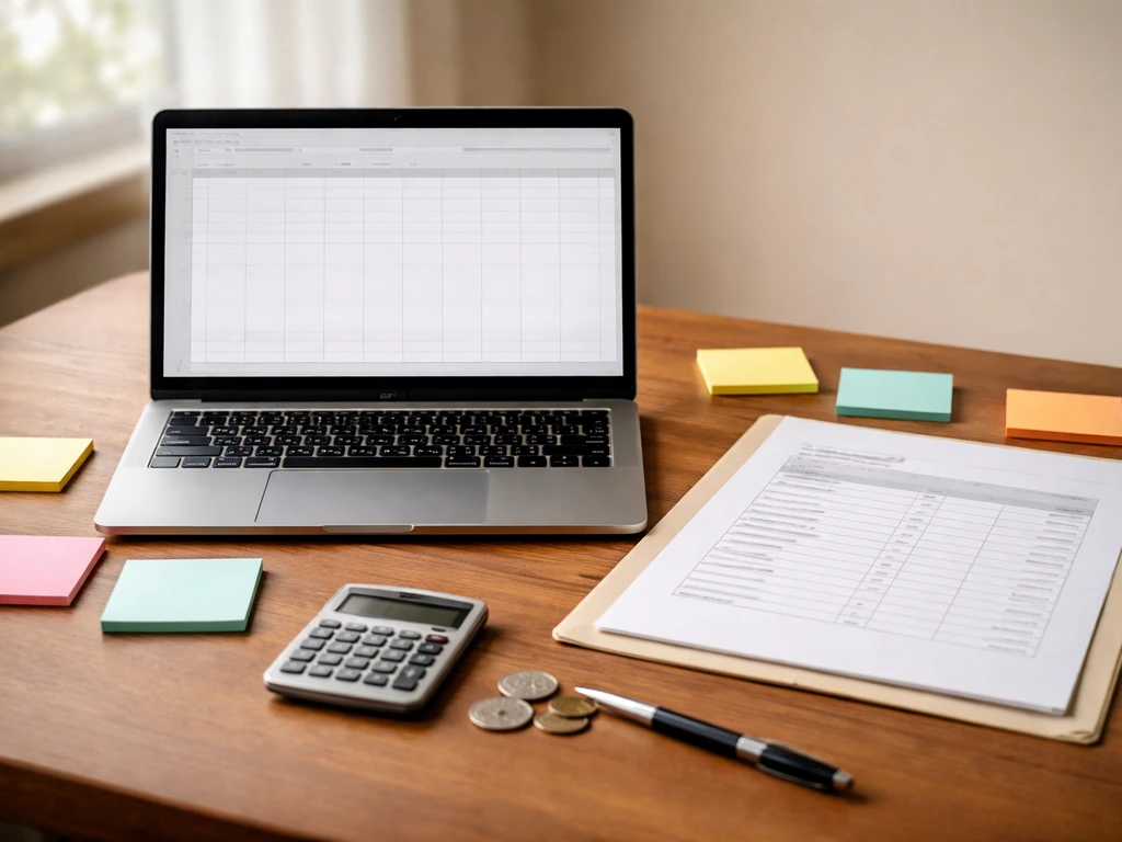Laptops and desk items arranged like a simple balance sheet for estimating net worth