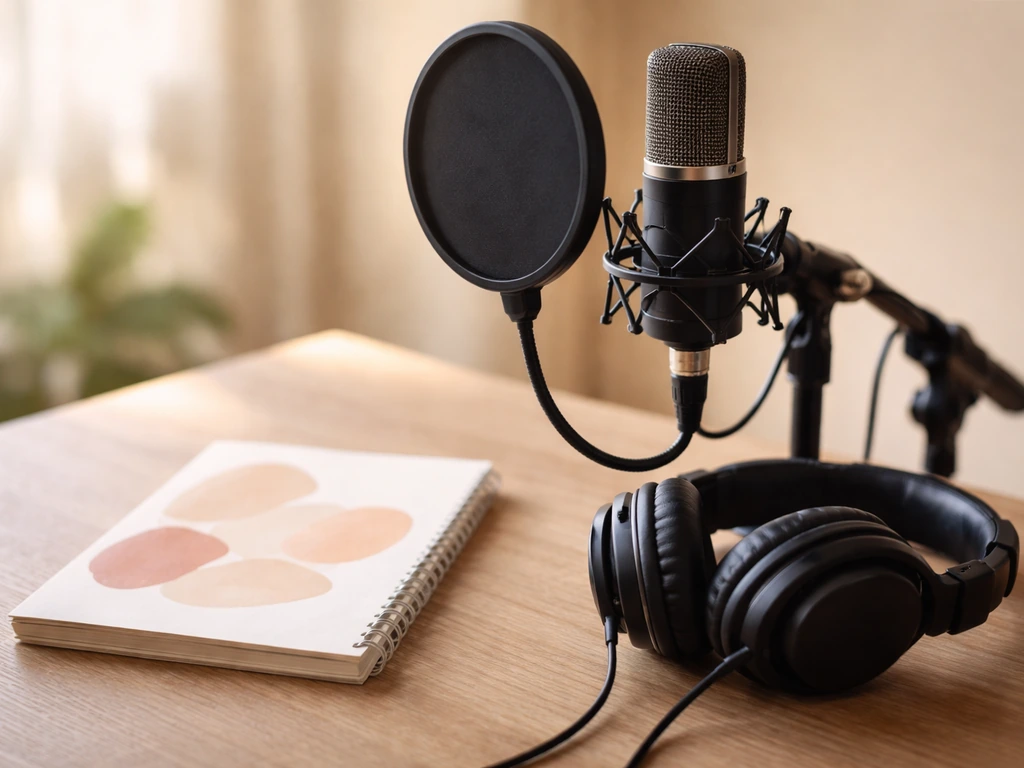 Close-up podcast mic and headphones on a studio desk with an unlabeled beauty-themed notebook.