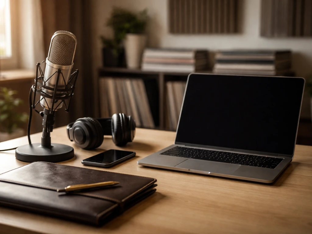 Minimal music executive office desk with microphone, headphones, laptop, and financial portfolio—no person shown.