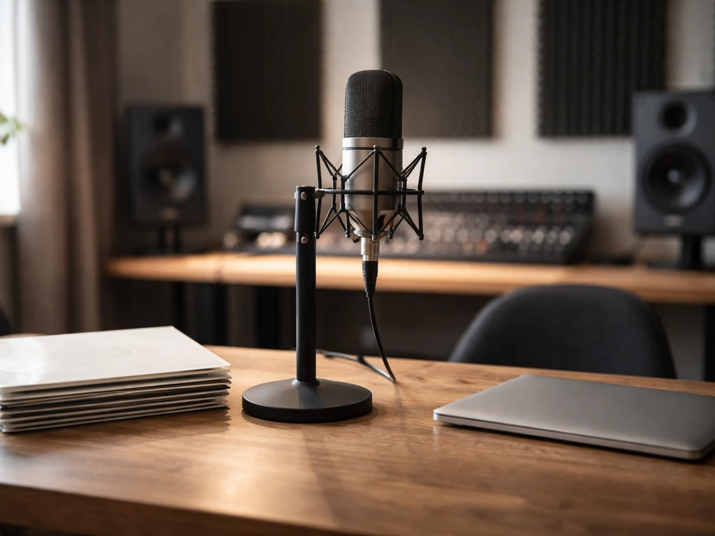 Empty music studio desk with a microphone and neatly arranged vinyl records beside a laptop