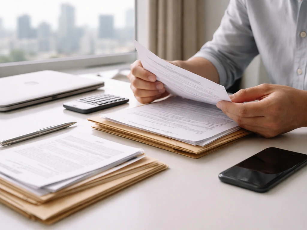 Person reviewing documents at a tidy desk with a calculator, file folders, and a smartphone nearby