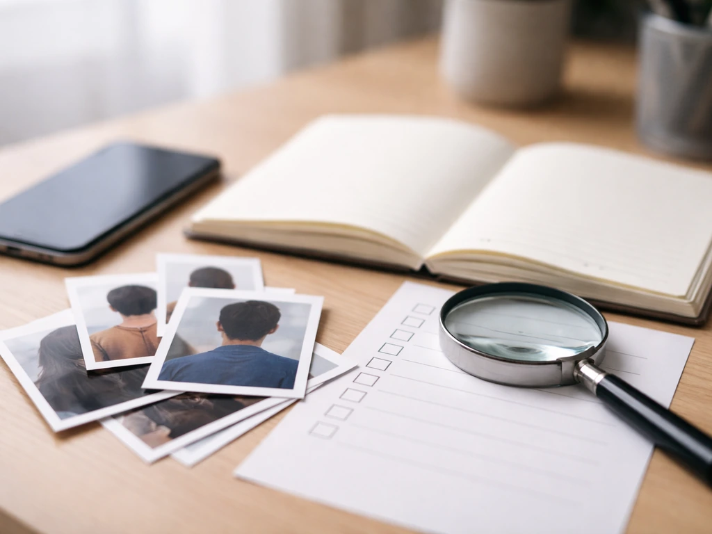 Magnifying glass over a blank checklist and generic photo stack on a quiet desk for identity verification.
