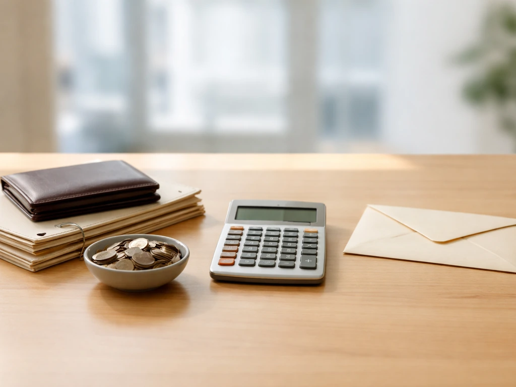 Calculator, wallet, coins, and folders on a minimal office desk symbolizing assets minus liabilities.