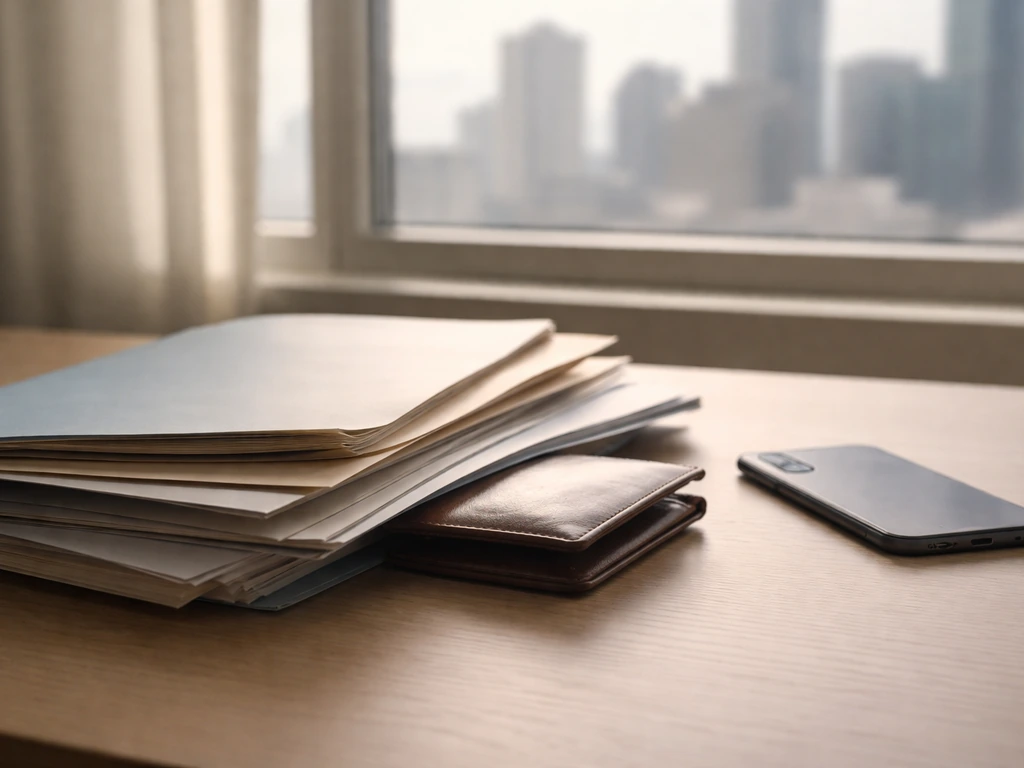Minimal office desk scene with wallet and documents, symbolizing uncertainty behind net worth estimates.